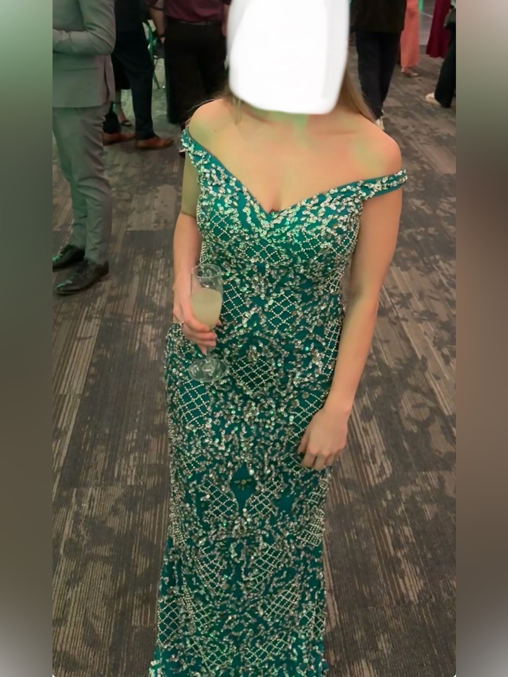 Off-Shoulder Green Beaded Evening Gown - Size 2 (note I’m 5’1-5’2 height)